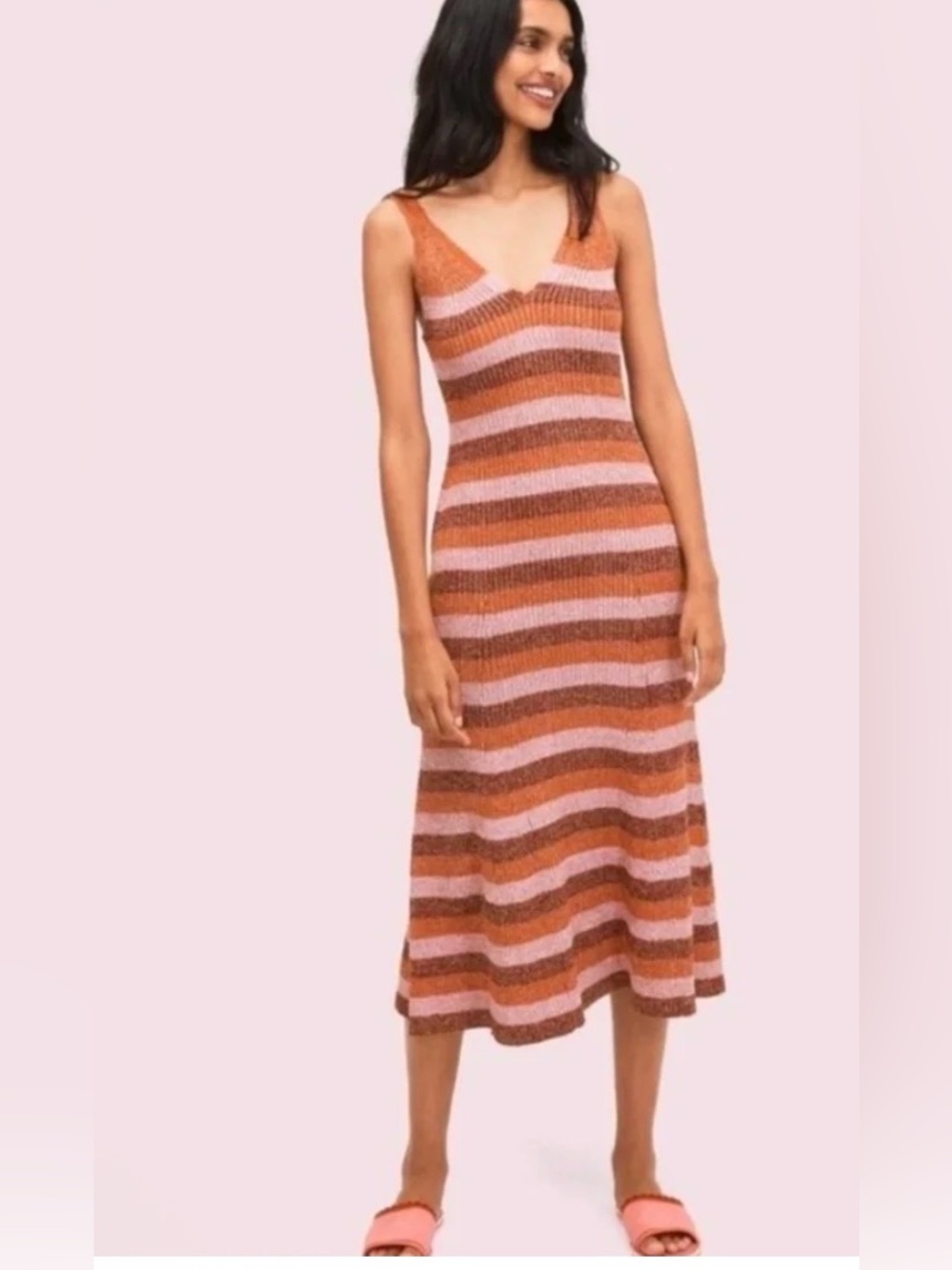 Kate Spade Striped Knit Midi Dress in Rust & Pink